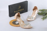 TRANSPARENT CRYSTAL CINDERELLA GLASS HEEL SHOES - BEIGE