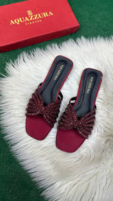 AQUAZZURA ELENA RHINESTONE FLAT SANDALS - CHERRY RED