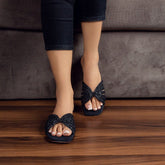 AQUAZZURA ELENA RHINESTONE FLAT SANDALS - BLACK