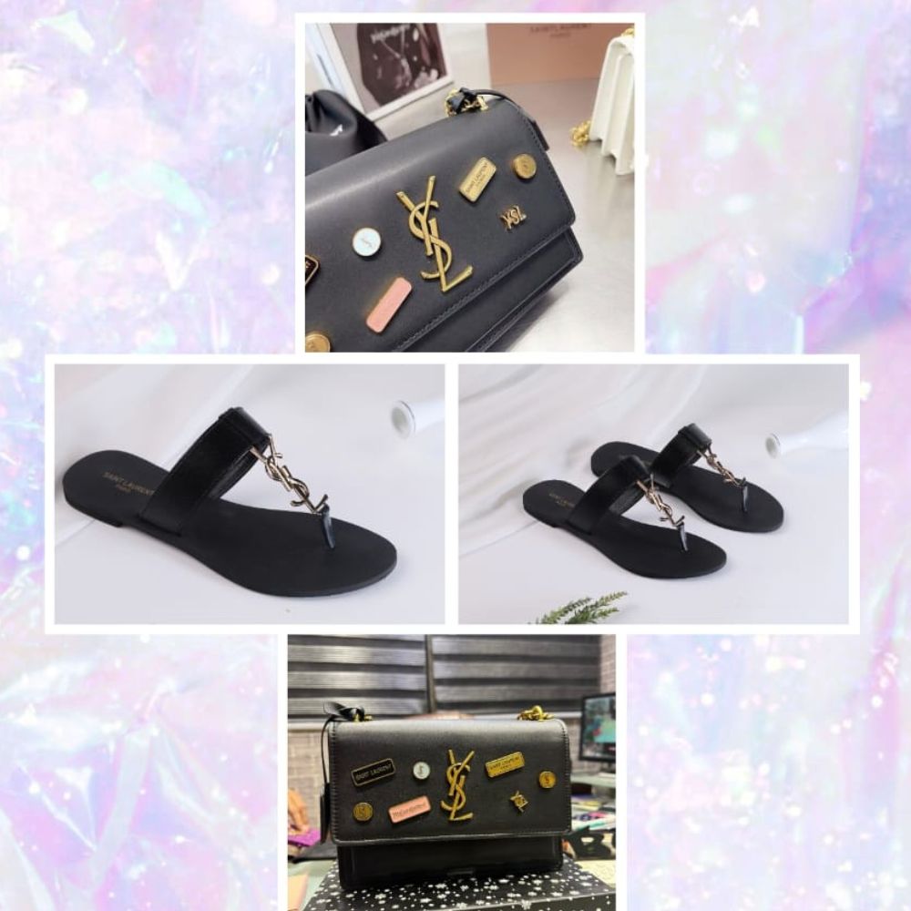 COMBO DEAL - YSL CROSS BODY BAG & YSL SLIPPERS - BLACK