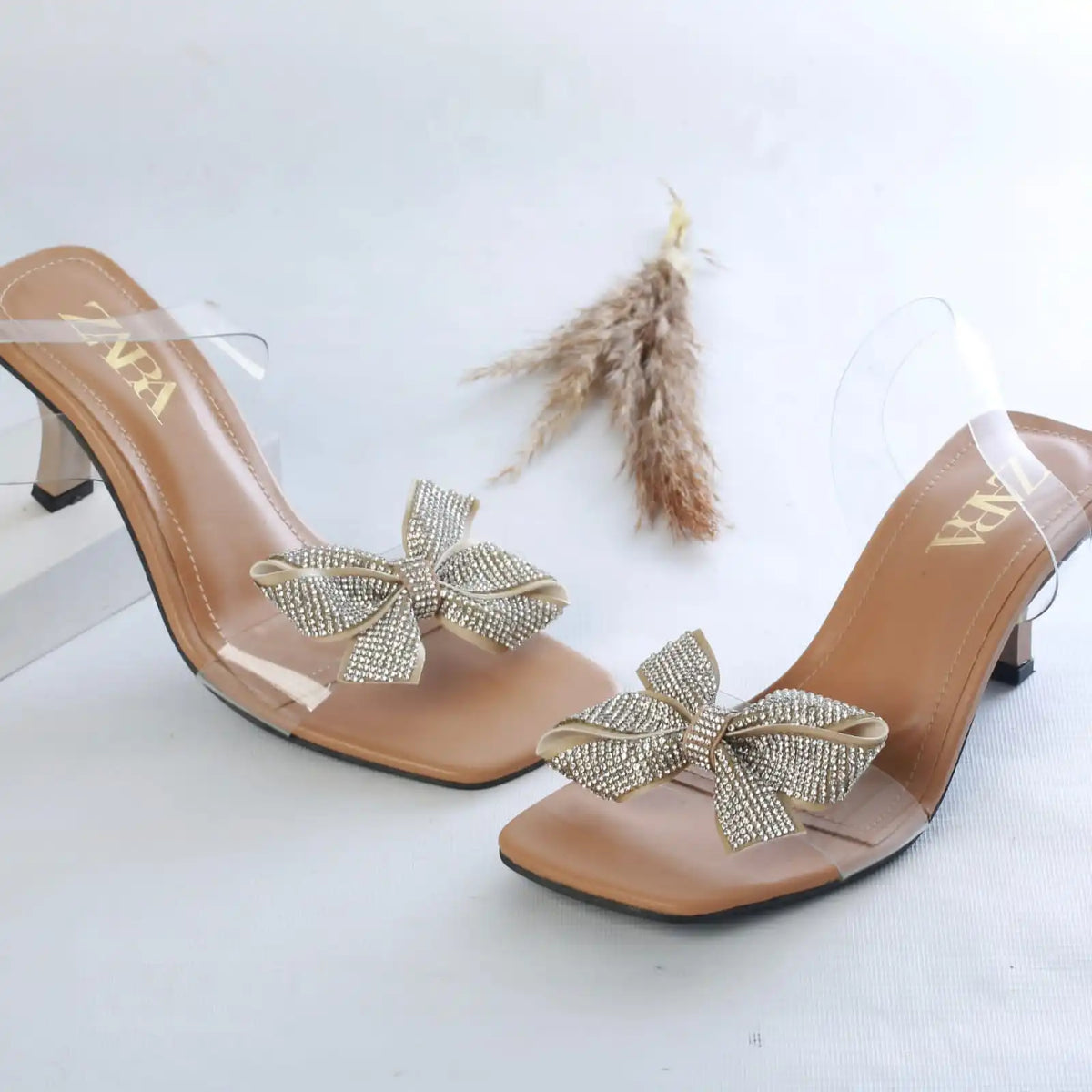 ZARA TRANSPARENT BOW STRAP HEELS - BEIGE