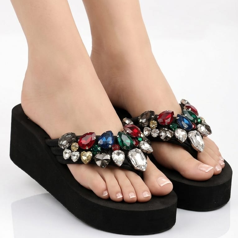 Imported Soft Wedge Slipper with Stones