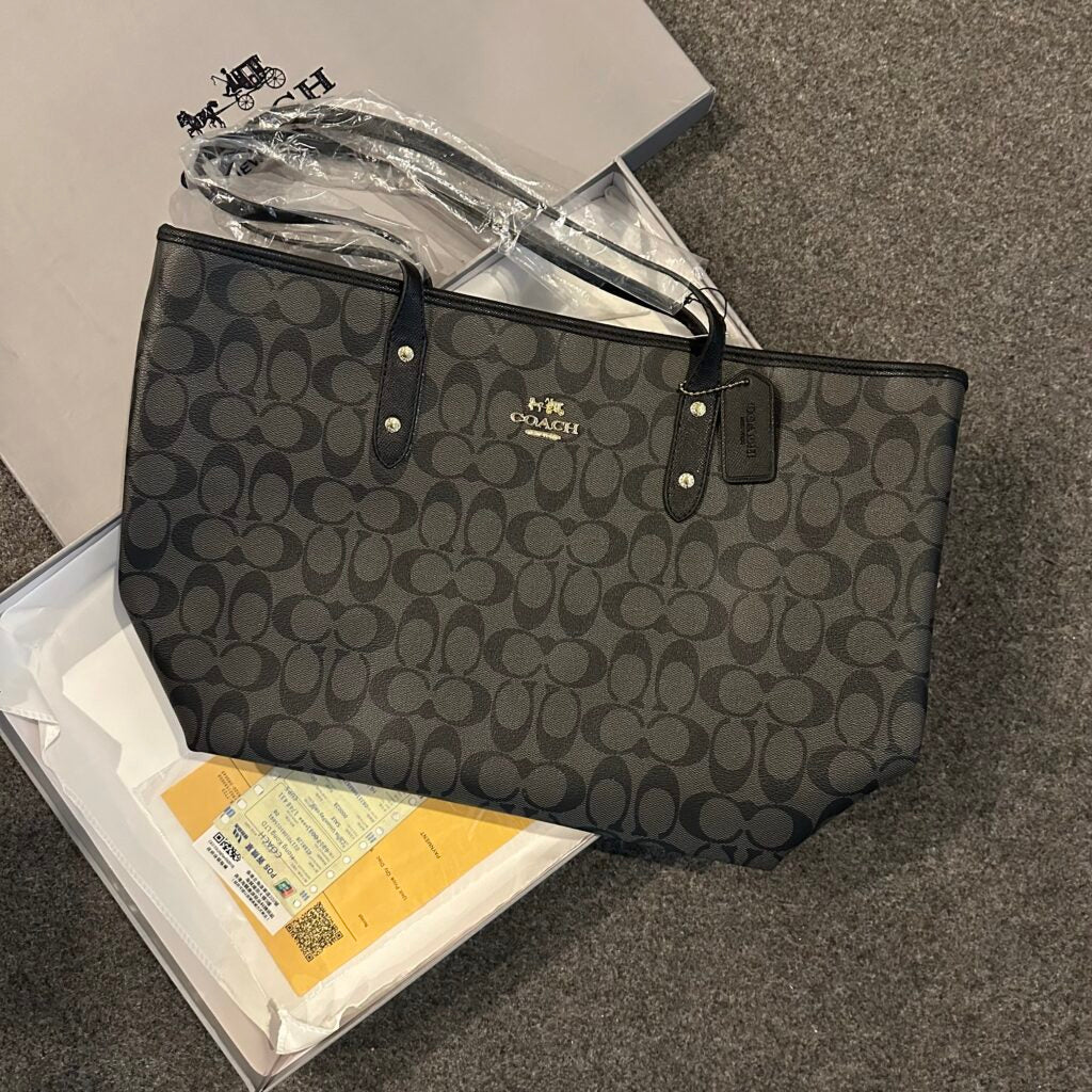 COACH PREMIUM ZIP TOTE BAG SIGNATURE CANVAS - BLACK