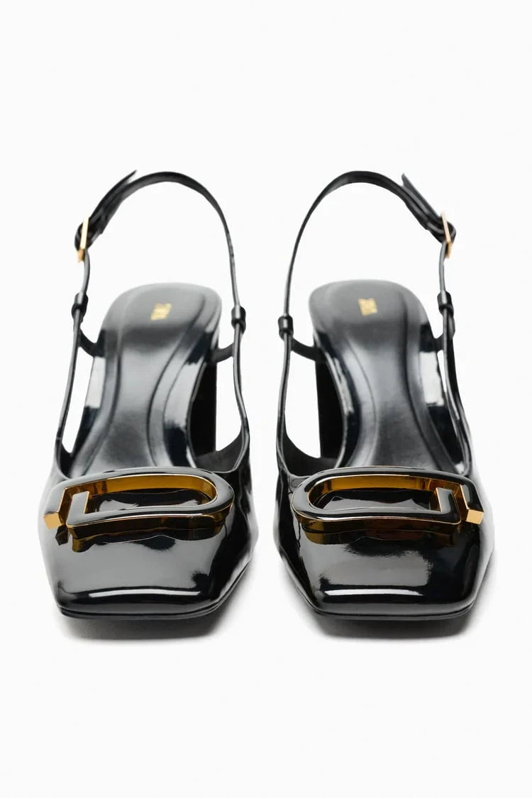 ZARA BLOCK-HEEL SLINGBACK SHOES - BLACK