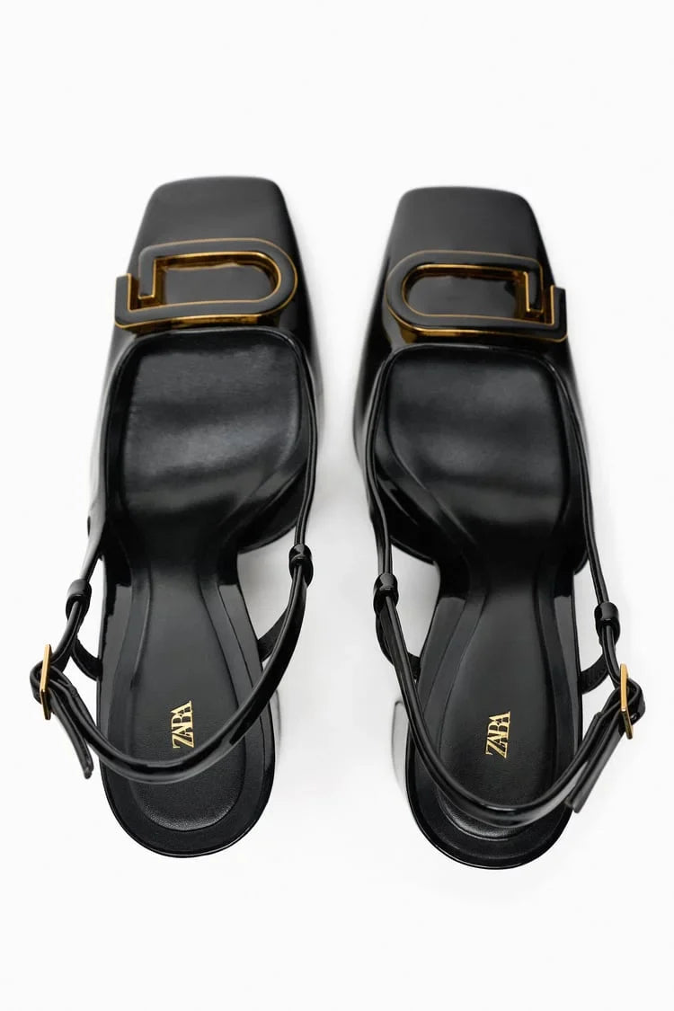 ZARA BLOCK-HEEL SLINGBACK SHOES - BLACK