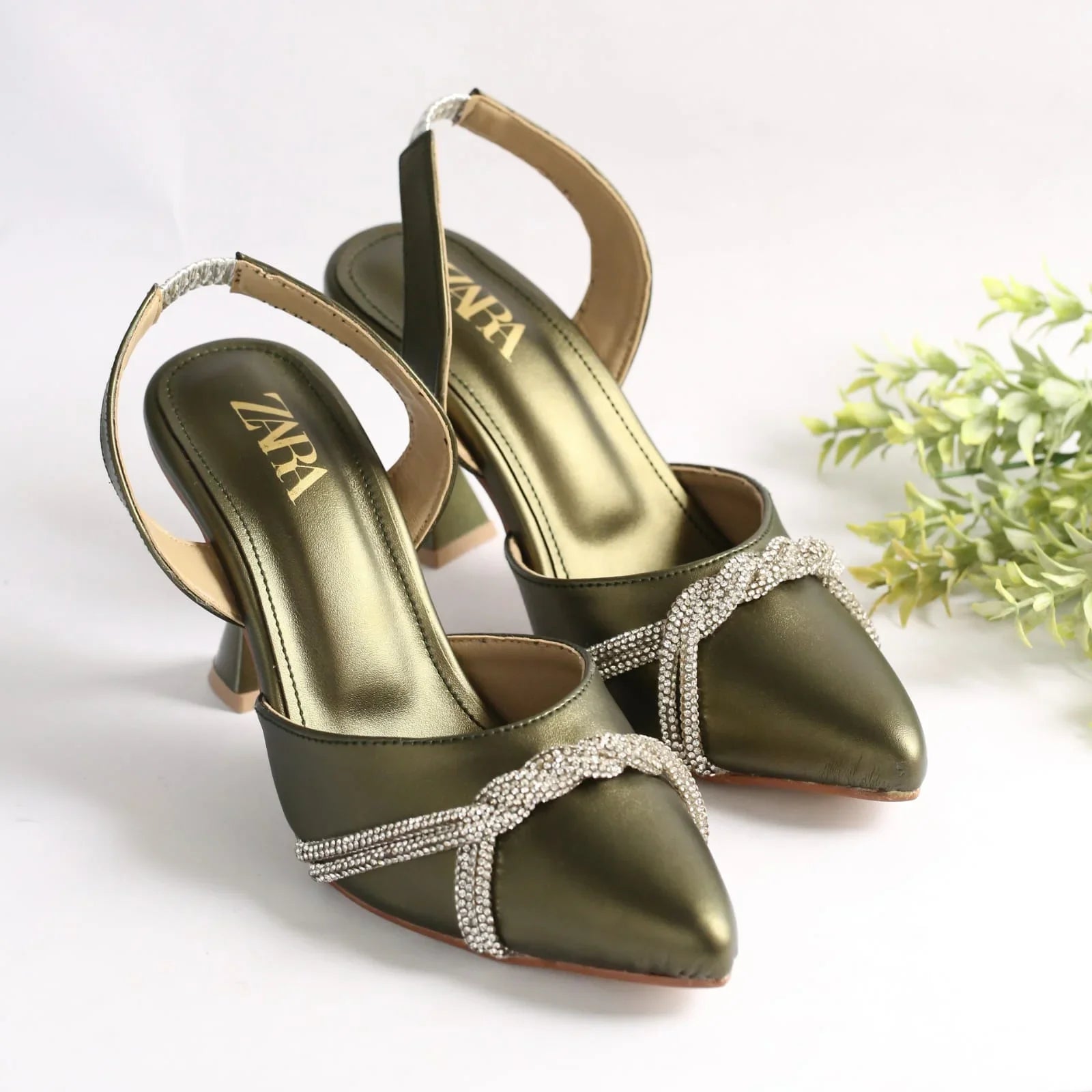 ZARA RHINESTONE SLINGBACK PUMPS - GREEN