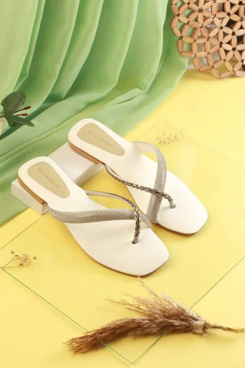 RHINESTONE STRAP SOFT LOW HEEL SANDAL - WHITE