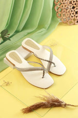 RHINESTONE STRAP SOFT LOW HEEL SANDAL - WHITE