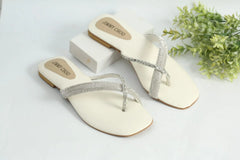 RHINESTONE STRAP SOFT LOW HEEL SANDAL - WHITE