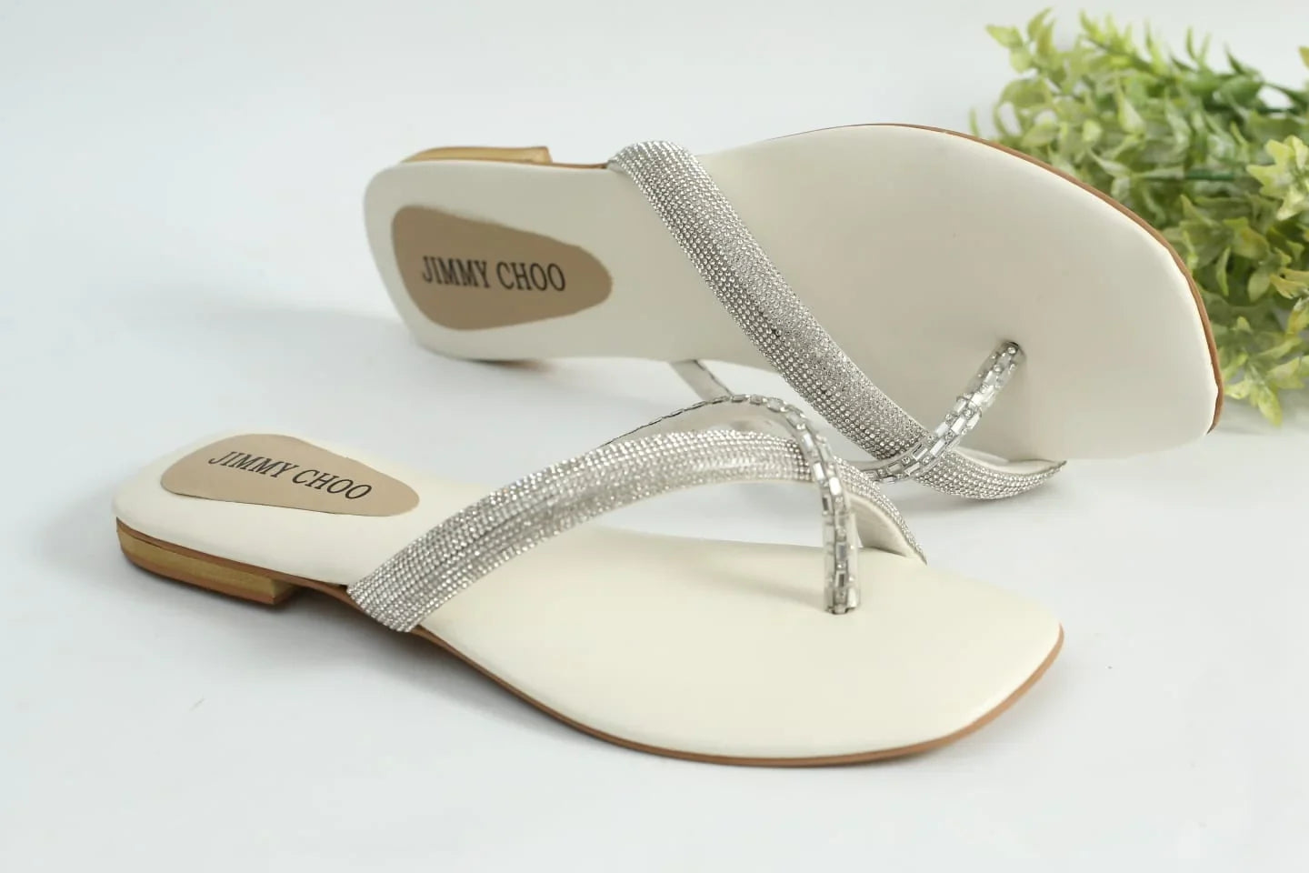RHINESTONE STRAP SOFT LOW HEEL SANDAL - WHITE