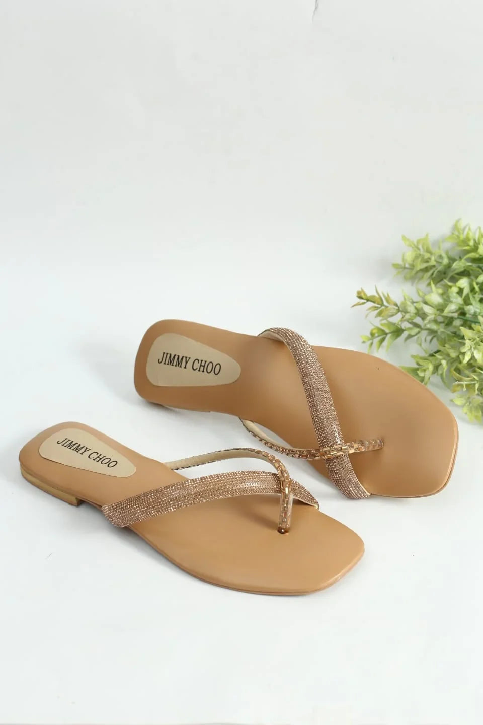RHINESTONE STRAP SOFT LOW HEEL SANDAL - BEIGE