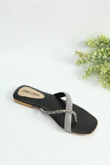 RHINESTONE STRAP SOFT LOW HEEL SANDAL - BLACK