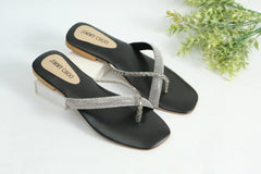 RHINESTONE STRAP SOFT LOW HEEL SANDAL - BLACK