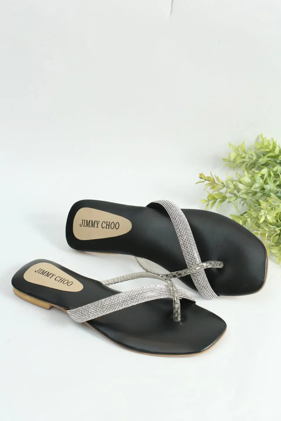 RHINESTONE STRAP SOFT LOW HEEL SANDAL - BLACK