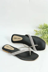 RHINESTONE STRAP SOFT LOW HEEL SANDAL - BLACK