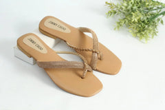 RHINESTONE STRAP SOFT LOW HEEL SANDAL - BEIGE