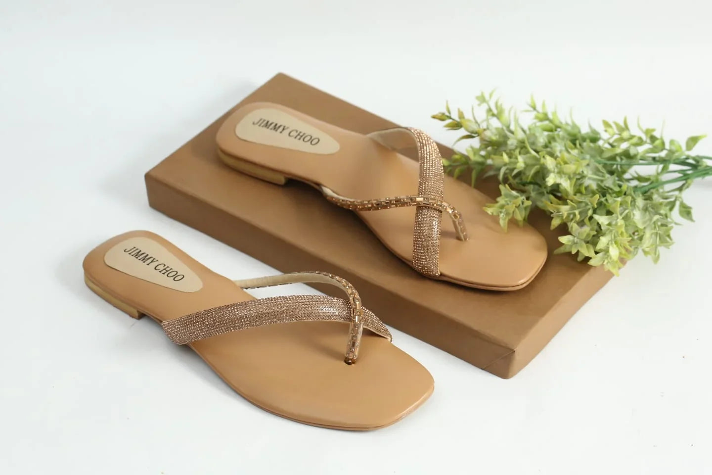 RHINESTONE STRAP SOFT LOW HEEL SANDAL - BEIGE
