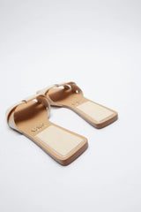 FLAT CRISS-CROSS LEATHER SLIDER SANDALS - BEIGE
