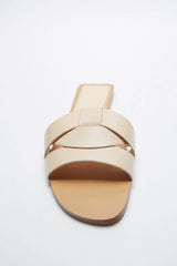 FLAT CRISS-CROSS LEATHER SLIDER SANDALS - BEIGE