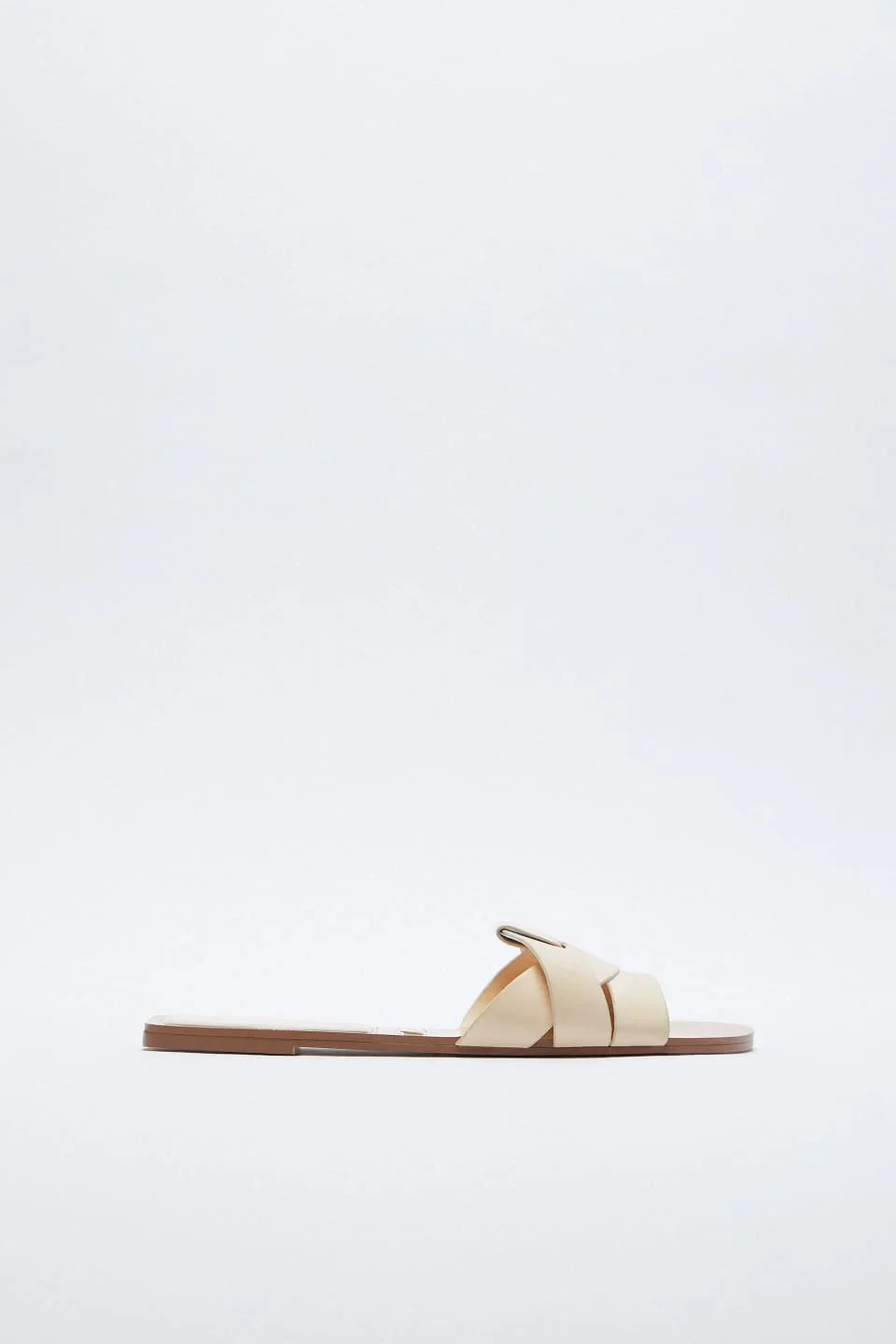 FLAT CRISS-CROSS LEATHER SLIDER SANDALS - BEIGE