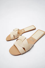 FLAT CRISS-CROSS LEATHER SLIDER SANDALS - BEIGE