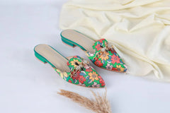 FLORAL MULE POINTED TOE FLATS VINTAGE BEE MULES - GREEN