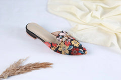 FLORAL MULE POINTED TOE FLATS VINTAGE BEE MULES - BLACK