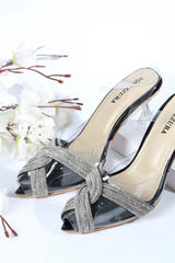 WOMEN RHINESTONE PEEP TOE SANDALS - BLACK