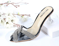 WOMEN RHINESTONE PEEP TOE SANDALS - BLACK