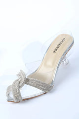 WOMEN RHINESTONE PEEP TOE SANDALS - SILVER