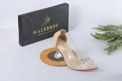 TRANSPARENT CRYSTAL CINDERELLA GLASS HEEL SHOES - BEIGE