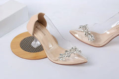 TRANSPARENT CRYSTAL CINDERELLA GLASS HEEL SHOES - BEIGE