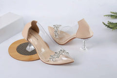 TRANSPARENT CRYSTAL CINDERELLA GLASS HEEL SHOES - BEIGE