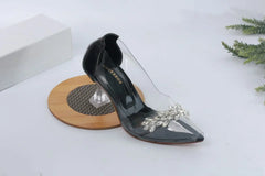 TRANSPARENT CRYSTAL CINDERELLA GLASS HEEL SHOES - BLACK