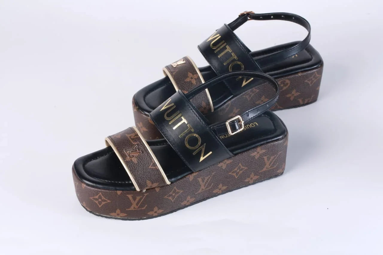 LV MONOGRAM WEDGES SANDALS - BLACK