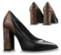 LV MONOGRAM PANEL BLOCK HEEL PUMPS