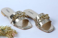 ZARA SQUARE TOE GOLDEN CHAIN SLIDES - GOLDEN