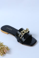 ZARA SQUARE TOE GOLDEN CHAIN SLIDES - BLACK