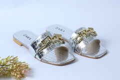 ZARA SQUARE TOE GOLDEN CHAIN SLIDES - SILVER