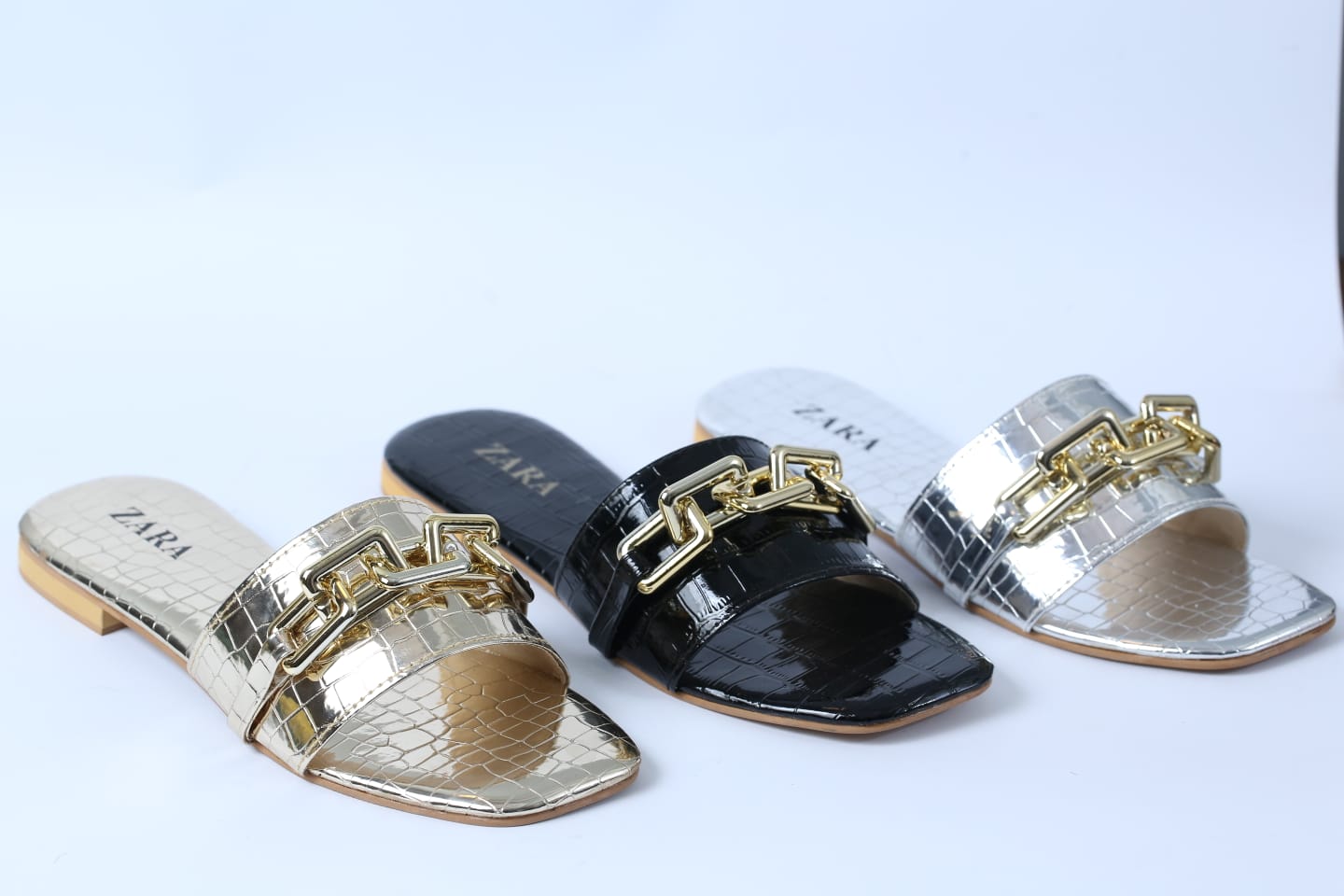 ZARA SQUARE TOE GOLDEN CHAIN SLIDES - GOLDEN