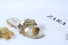 ZARA SQUARE TOE GOLDEN CHAIN SLIDES - GOLDEN