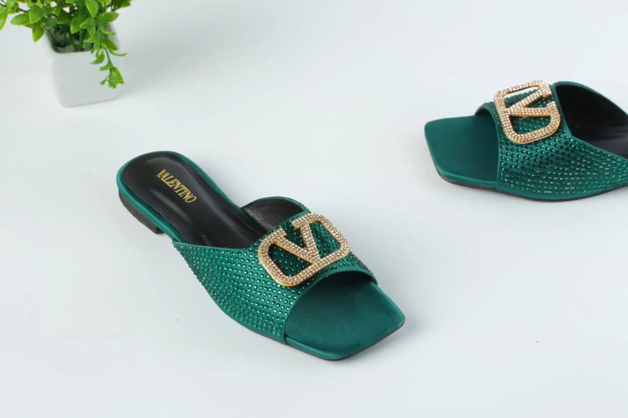 VLOGO RHINESTONE BUCKLE FLAT SANDALS - GREEN