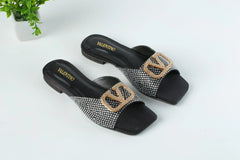 VLOGO RHINESTONE BUCKLE FLAT SANDALS - BLACK
