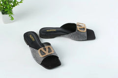 VLOGO RHINESTONE BUCKLE FLAT SANDALS - BLACK