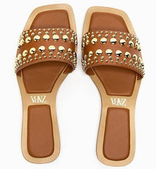 VINYL SLIDER SANDALS WITH STUDS - BROWN