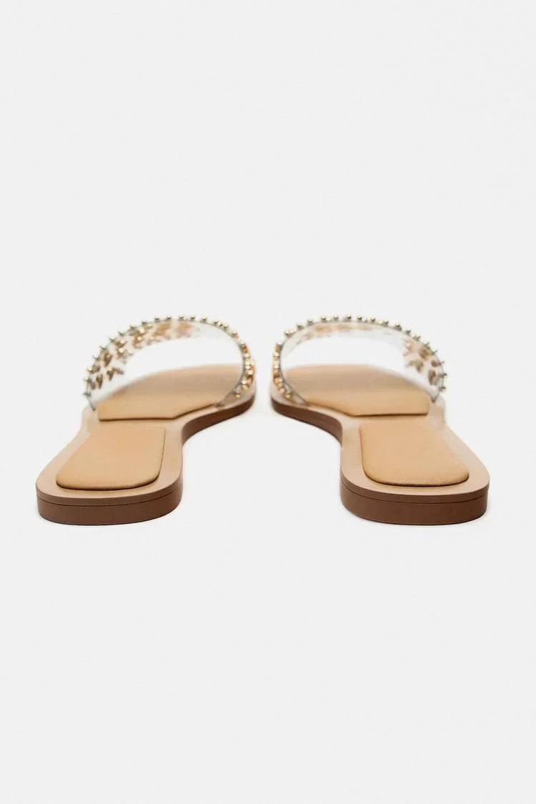 VINYL SLIDER SANDALS WITH STUDS - GOLDEN