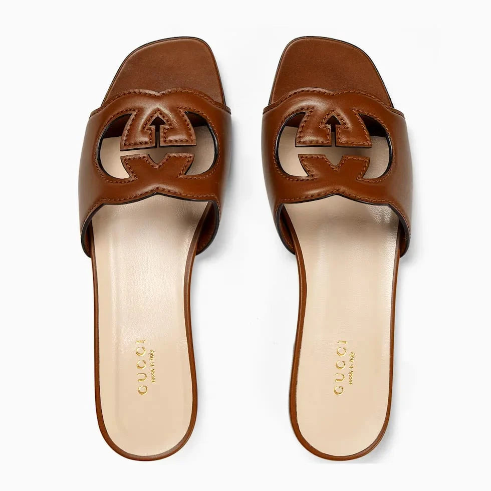 WOMEN's INTERLOCKING G CUT-OUT SLIDE SANDAL - BROWN