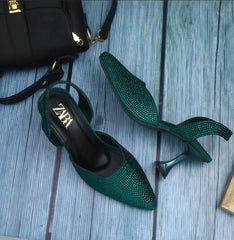 ZARA STONE EMBELLISHED KITTEN HEELS - GREEN