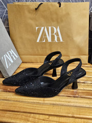 ZARA STONE EMBELLISHED KITTEN HEELS - BLACK