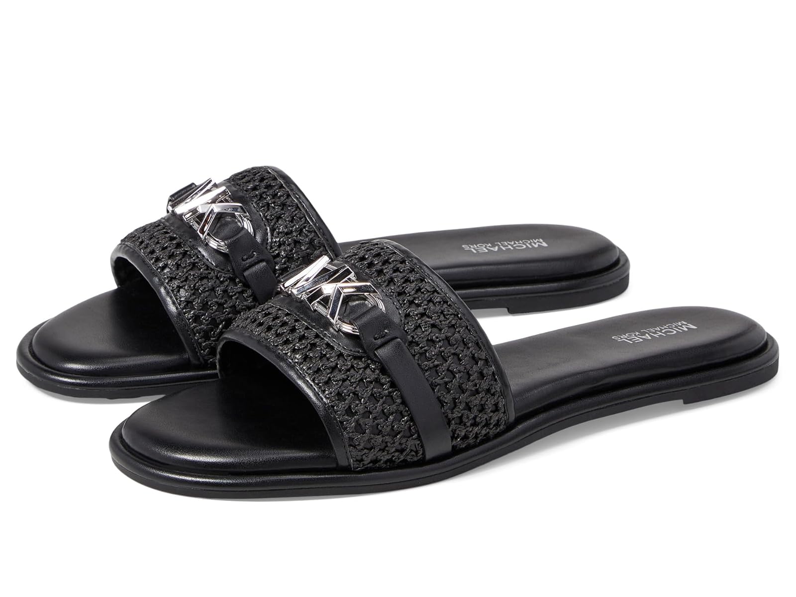 MICHAEL KORS EMBER EMBELLISHED STRAW SLIDE SLIPPERS - BLACK